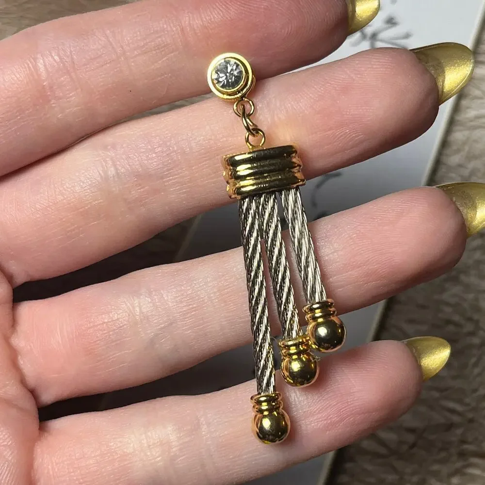 Vintage 90s Two-Tone Silver and Gold CZ Dangle Earrings
